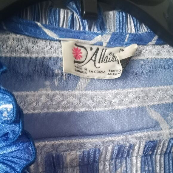 Blue & White Pleated Vintage long Sleeve Midi 70s Polyester - Picture 3 of 6